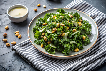 A plate of kale salad with creamy dressing and chopped pistachios on a gray surface, accompanied by a striped napkin and a bowl of pistachios