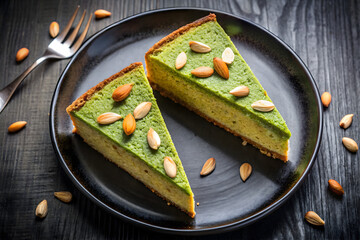 A sliced matcha cake topped with sliced almonds on a black plate