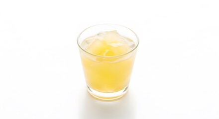 Glass of orange juice with ice cubes, photo on white background.