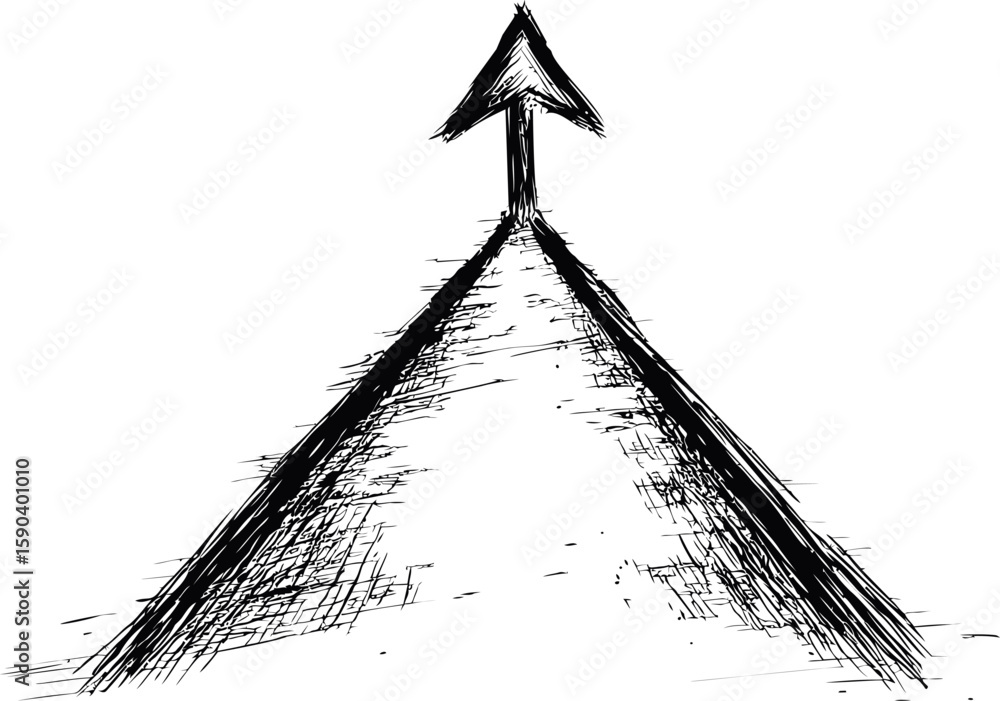 Poster sketch of an upward pointing arrow with rough lines and shaded texture. vector illustration