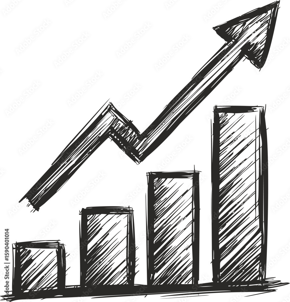 Poster scribbled bar chart with upward arrow showing growth in hand-drawn style. vector illustration