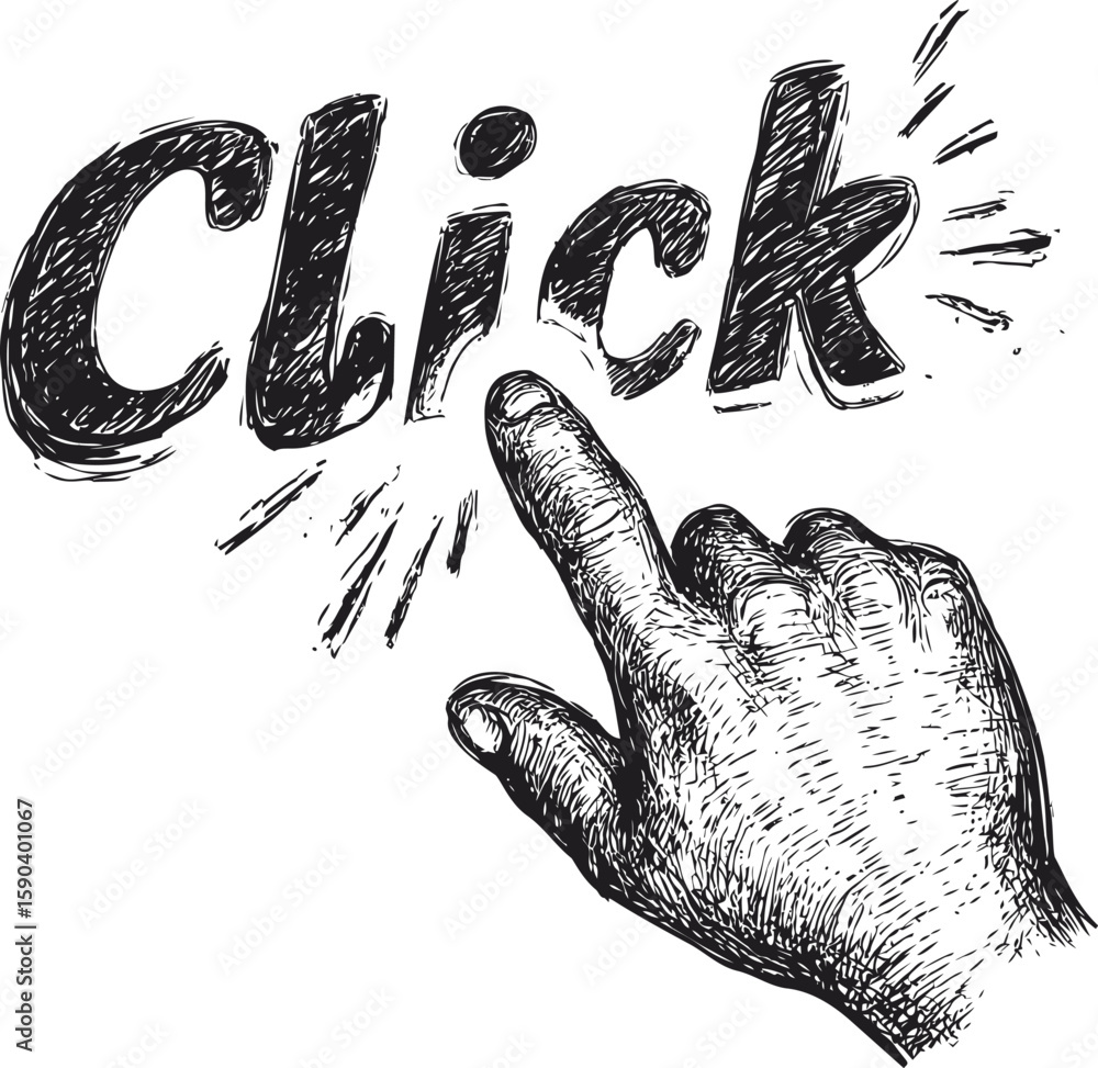 Aufkleber hand sketch reaching for click text with dynamic motion lines, concept art. vector illustration
