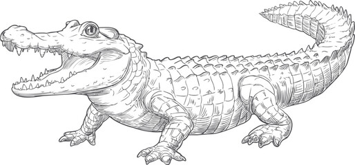Naklejka premium Black and white crocodile illustration with detailed scales and open mouth. Vector illustration