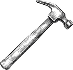Black and white illustration of a vintage claw hammer, hand-drawn artwork. Vector illustration