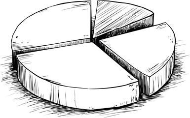 Black and white sketch of a pie chart with shaded segments, detailed drawing. Vector illustration