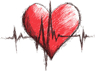 Red heart with black sketch lines and heartbeat pattern concept art. Vector illustration