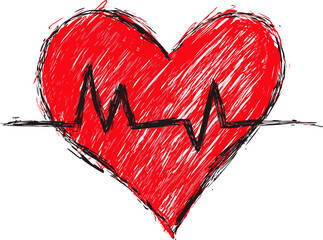 Red scribbled heart with black heartbeat line, conceptual digital illustration. Vector illustration