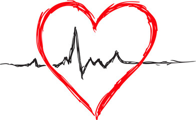 Red heart outline with black ekg line representing love and health concept. Vector illustration