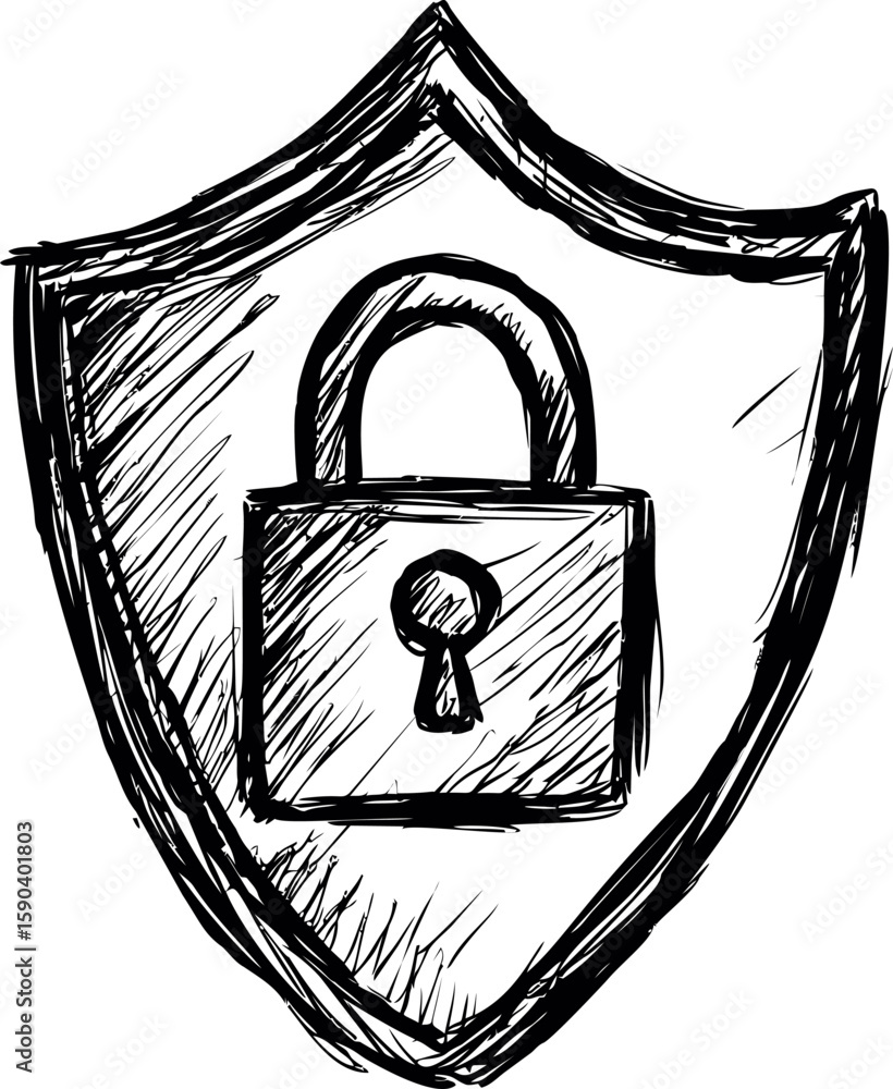 Poster sketch of a shield with a lock symbolizing security concept. vector illustration