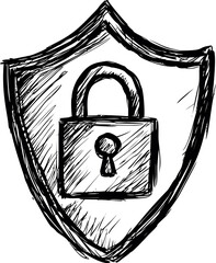 Sketch of a shield with a lock symbolizing security concept. Vector illustration