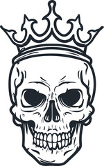 Detailed black and white crowned skull illustration in a tattoo style. Vector illustration