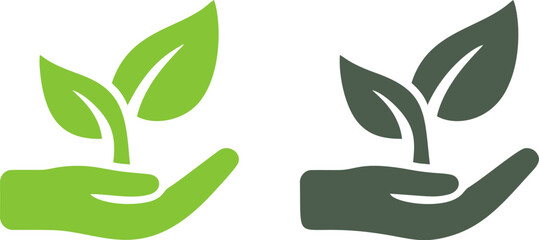 Green and gray hand holding leaves symbolizing eco-friendly concept. Vector illustration