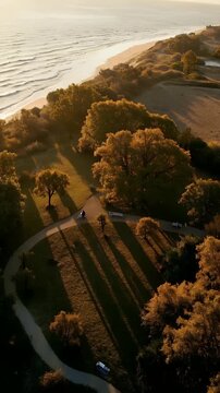 Aerial View of Coastal Park with Long Tree Shadows at Sunset
