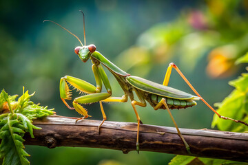Close-up of a praying mantis on a vine branch, showcasing intricate details and the natural environment