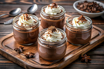 Four jars of chocolate pudding topped with whipped cream and chocolate shavings on a wooden board