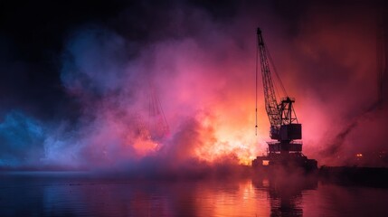 Obraz premium Crane amidst nighttime fire and smoke