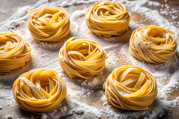 Freshly made tagliatelle pasta nests on a floured surface