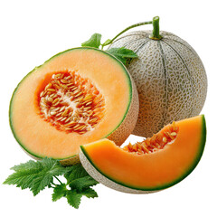 A juicy cantaloupe melon is sliced open revealing vibrant orange flesh, seeds, and leaves, while a whole melon rests behind it on a bright white background.