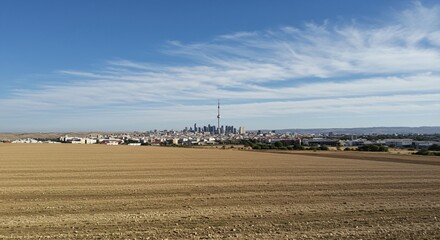 a large field with a city in the distance