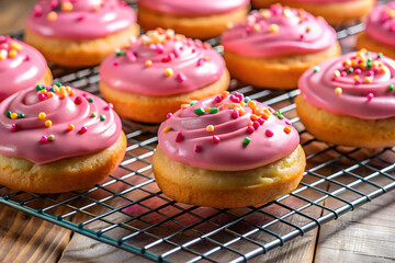 Homemade pastries with pink icing and sprinkles on a cooling rack
