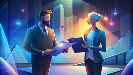 Illustration of business partners discussing a deal with papers and charts