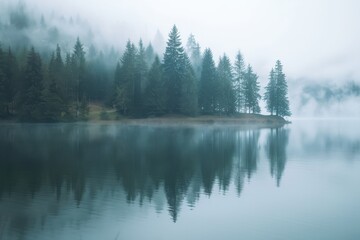 Fototapeta premium Misty forest reflection on serene lake in morning fog
