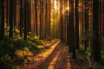 Serenity of a sunlit forest path surrounded by tall trees at sunset