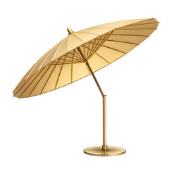 3D render of a geometric gold cocktail umbrella with luxury finish on transparent background
