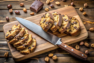 Sliced nut and chocolate cookie dough on a wooden cutting board with a large knife beside it
