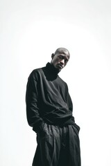 Young african male in black sweater poses with hands in pockets against white background