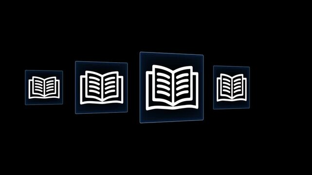 E-library and E-learning Concept on the transparent background.  Digital library, Access electronic books on Internet. Course education. Webinar technology. Motion graphics of E-learning concept. 4k.
