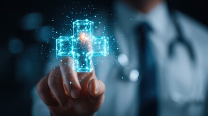 A digital holographic medical cross is projected by a person in a lab coat, symbolizing healthcare, technology, and innovation in medicine.