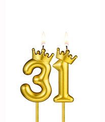 Golden candle with crown number 31 - White background