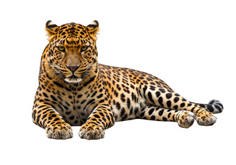 Fototapeta premium Majestic leopard in sphinx pose with detailed rosette fur pattern and intense gaze, ideal for wildlife visuals. Isolated on white or transparent background. PNG