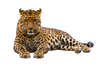 Majestic leopard in sphinx pose with detailed rosette fur pattern and intense gaze, ideal for wildlife visuals. Isolated on white or transparent background. PNG