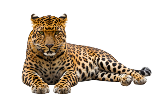 Majestic leopard in sphinx pose with detailed rosette fur pattern and intense gaze, ideal for wildlife visuals. Isolated on white or transparent background. PNG