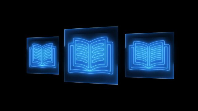 E-library and E-learning Concept on the transparent background.  Digital library, Access electronic books on Internet. Course education. Webinar technology. Motion graphics of E-learning concept. 4k.