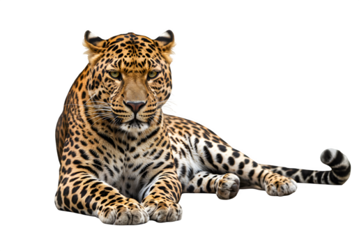 Majestic leopard in sphinx pose with detailed rosette fur pattern and intense gaze, ideal for wildlife visuals. Isolated on white or transparent background. PNG