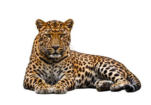 Majestic leopard in sphinx pose with detailed rosette fur pattern and intense gaze, ideal for wildlife visuals. Isolated on white or transparent background. PNG
