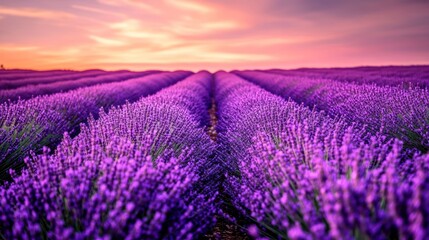 Obraz premium Lavender field at sunset. Vast rows of vibrant purple lavender flowers stretch into a beautiful golden sunset