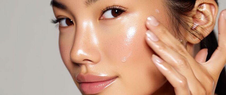 Anamorphic video naturally beautiful young girl doing skincare with hydrating serum 