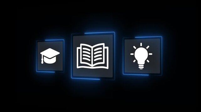 E-library and E-learning Concept on the transparent background.  Digital library, Access electronic books on Internet. Course education. Webinar technology. Motion graphics of E-learning concept. 4k.