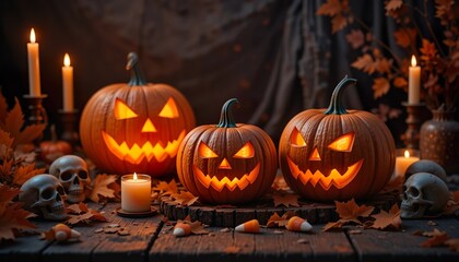 Obraz premium Glowing jack-o'-lanterns with skulls, candles, and candy corn on a Halloween-themed table.
