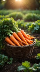 Freshly harvested carrots in a basket from the garden at sunset healthy eating diet