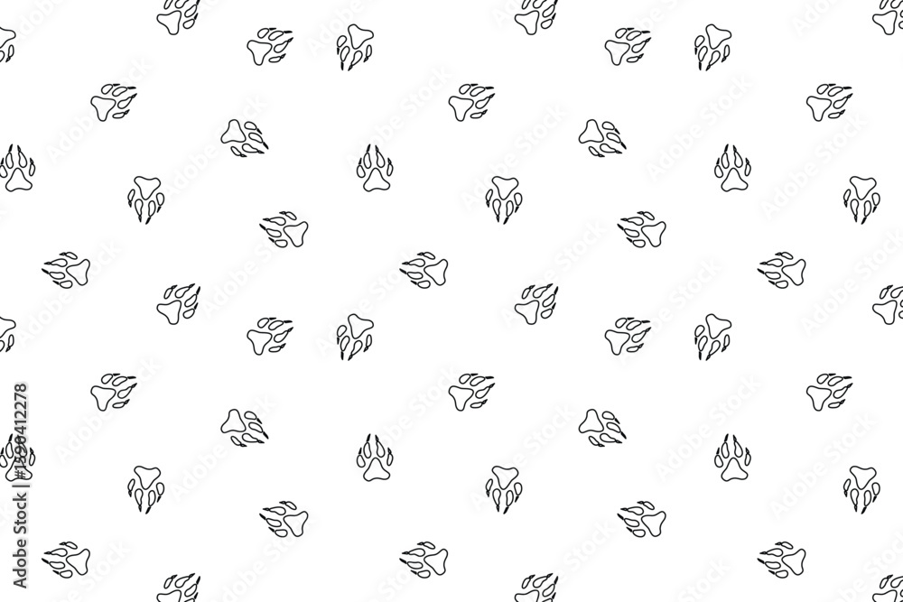 Poster scatter seamless pattern with wolf pawprints in outline style, on a transparent background. use for 