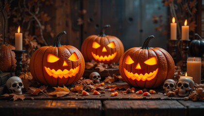 Glowing jack-o'-lanterns with skulls, candles, and candy corn on a Halloween-themed table.