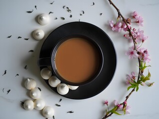 Still life photography of a cup of tea with meringues and cherry blossom branch