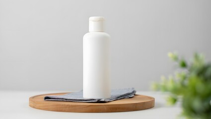 White bottle mockup for skincare product on wooden tray and gray cloth, plant decor
