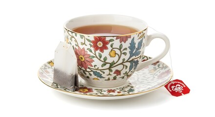 Teacup filled with tea, tea bag on saucer, floral design.