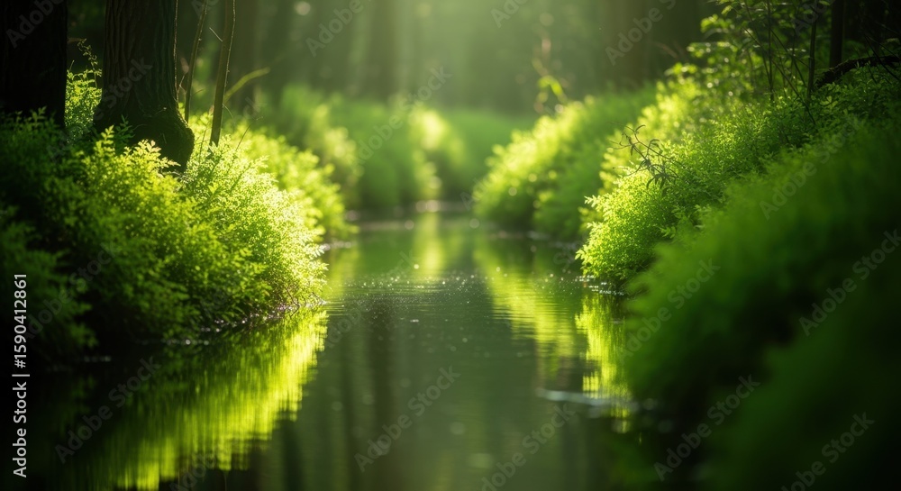 Aufkleber sunbeams filtering through trees illuminating a peaceful river flowing through a vibrant green fores